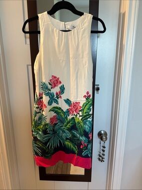 Tommy Bahama White Midi Dress with Green & Pink Tropical Print